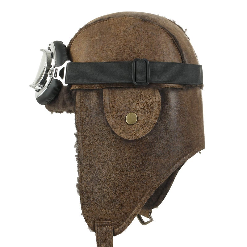 ililily Aviator Hat Winter Snowboard Fur Ear Flaps Trooper Trapper Pilot Goggles Light Brown - Image 3